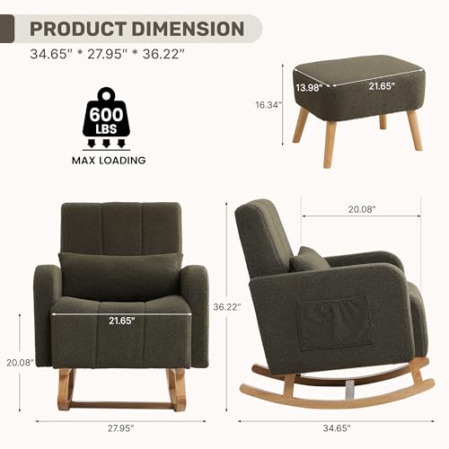 Image of Rocking Nursing Chair with Ottoman, Upholstered Glider Rocker Armchair with High Backrest and Side Pocket, Comfy Reading Chair with Solid Wood Legs for Nursery, Living Room,Bedroom, Green