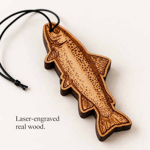 Image of Arotags Trout Car Air Freshener Kit, Reusable Wood Hanging Diffuser with 30 mL Backwoods Birch Fragrance Oil, Fishing Car & Truck Accessory