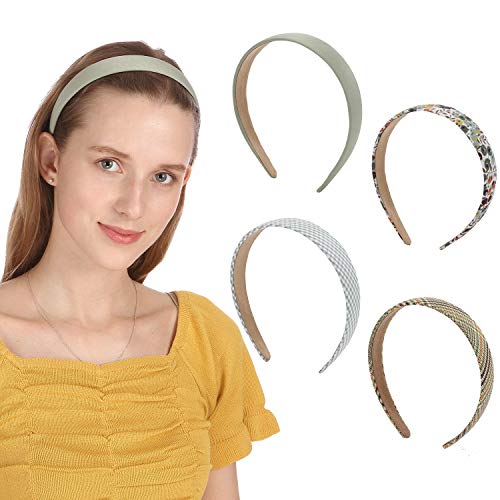 Folora 4pcs Premium 1 Inch Wide Solid Color Floral Plaid Headband Set for Women Girls, Green