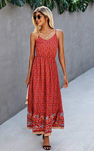 Image of Angashion Women's Dresses Floral Adjustable Spaghetti Strap V Neck Boho Long Maxi Dress Summer Beach Flowy Ethnic Sundress