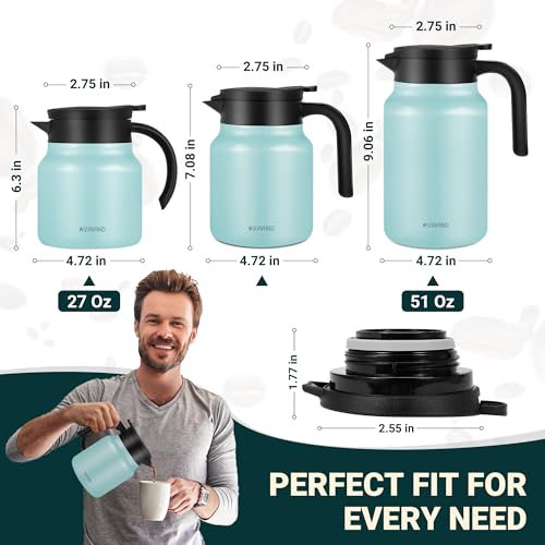 Image of Small Insulated Coffee Carafe, 27 oz, Keeps Hot for 12H, Blue | Thermal Carafe, One-Hand Pour, Leakproof Lid, Anti-Slip Base for Personal Use