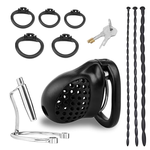 Male Chastity Cock Cage Sex Toy for Men Zhelorinx Chastity Device with 5 Size Ring and 3 Size Urethral Sounds Beads Plug Breathable Lightweight Penis Erection Lock and Silicone Urethra Rod