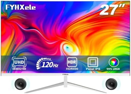 FYHXele 27 Inch White 4K Gaming Monitor, 120Hz IPS Panel, HDR400, 99% sRGB, 1ms Response Time, HDMI 2.1 & DP 1.4, FreeSync & G-Sync Compatible, Built-in Dual Speakers, VESA 100x100 - 1