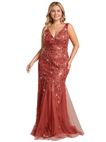 Image of Ever-Pretty Plus Sequin Formal Dresses Sleeveless V Neck Mermaid Ball Gowns Plus Size Prom Dress