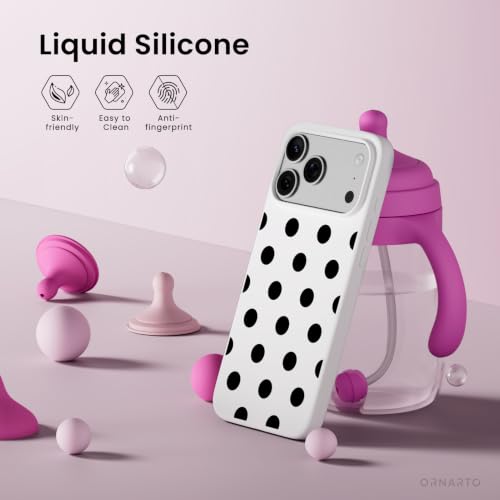 Image of ORNARTO Compatible with iPhone 17 Pro Max Case 6.9 inch, Slim Liquid Silicone 3 Layers Soft Gel Rubber Shockproof Protective Cover with Anti-Scratch Microfiber Lining-White Black Polka Dot