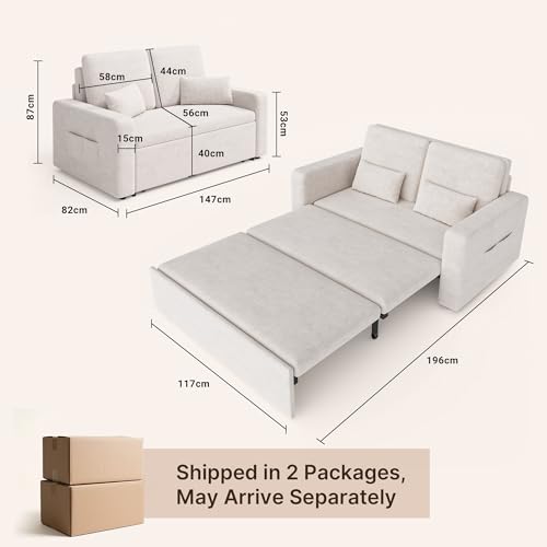 Xbro Sofa z funkcją spania 147 x 196 x 87 cm, sofa z funkcją spania 2-osobowa, wysuwana na 4 kółkach, nowoczesny welurowy materiał, Beżowa