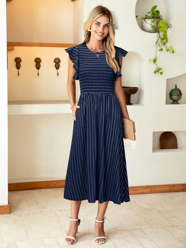 Image of Simplee Womens Striped Midi Summer Dress Linen Smocked Flutter Short Sleeve Dress Flowy Casual Dress with Pockets