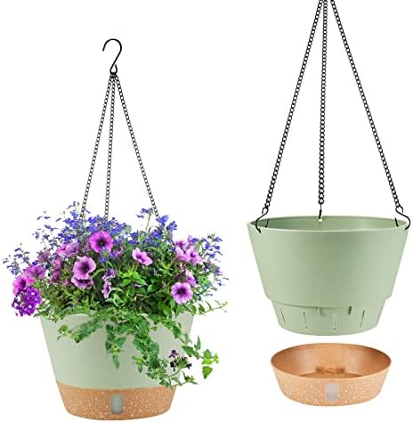 WIZROL 2 Pack Hanging Planters, 10 inch Indoor Outdoor Hanging Plant Pot Basket, Hanging Plastic Flower Pot with Drainage Hole with Removable Tray&Hooks for Hanging Plants,Green