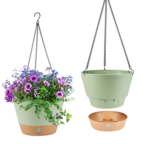 Wizrol 2 Pack Hanging Planters, 10 Inch Indoor Outdoor Hanging Plant Pot Basket, Hanging Plastic Flower Pot With Drainage Hole With Removable Tray&Hooks For Hanging Plants,Green #TOP10