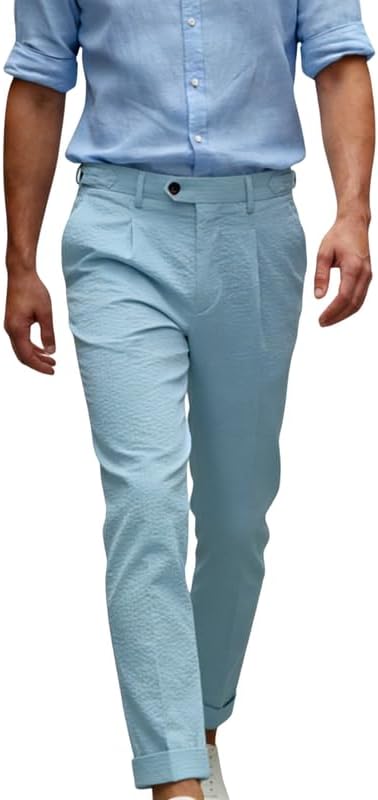 Men’s Dress Pants Lightweight Seersucker Pleated Slacks with Side Adjusters Waist Summer Beach Long Pants