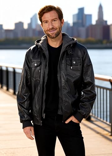 Image of Wantdo Men's Faux Leather Jacket Windproof Motorcycle Bomber Jacket Slim Fit Winter Coat with Removable Hood