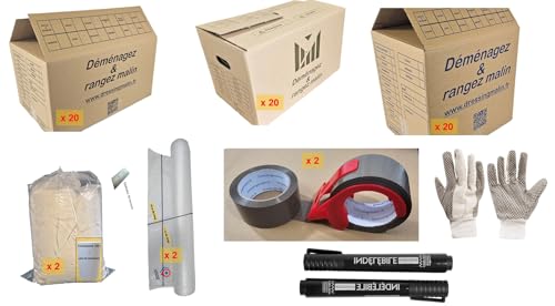 Kit Déménagement T4, 60 Cartons Robustes, Tailles Multiples, avec Accessoires