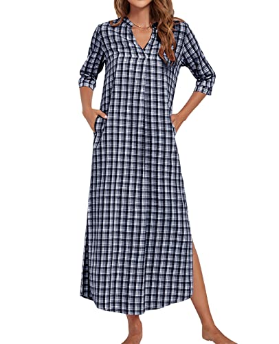 MINTLIMIT Nachthemd Damen Karierte Nachtwäsche Baumwolle Lange Negligee S-XXL Sleepshirt,Blau Weiss,M