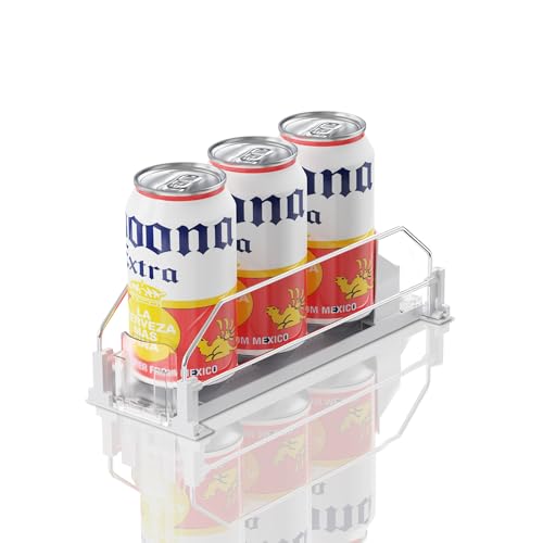 Drink Organizer for Fridge,12oz – Soda Can Dispenser for Refrigerator,Width Adjustable,Automatic Pusher Glide (White 10″ D, 1ROW)