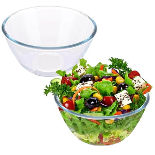 AHAQU 2PCS Glass Mixing Bowl, 1L Glass Salad Bowl, Kitchen Glass Bowl Set for Serving Dessert, Fruit, Trifle, Crisps, Dishwasher, Microwave, Freezer and Oven Safe
