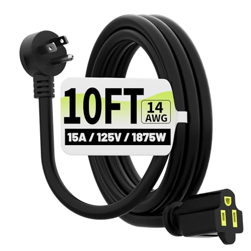 Vockjour 10 FT Black Low Profile Flat Plug 14 Gauge Heavy Duty Extension Cord 14AWG 3-Wire Grounded Appliance Extension Cord 15A/125V/1875W SJTW ETL Listed Power Cord