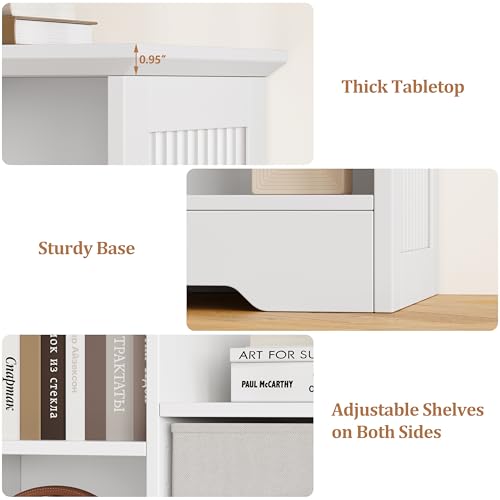 Image of 6 Cube Storage Organizer Shelf, Wood Cubby Storage with 3 Fabric Drawers, 2 Tier Wooden Bookshelf with 2 Adjustable Shelves & Fluted Side Panels for Bedroom, Living Room, Home Office, White