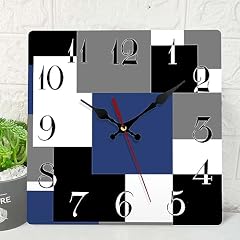 Art Socket Navy Blue Wooden Wall Clock Silent Non Ticking, Black Grey Abstract Geometric Square