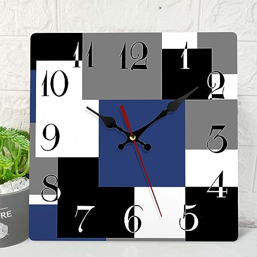 Art Socket Navy Blue Wooden Wall Clock Silent Non Ticking, Black Grey Abstract Geometric Square