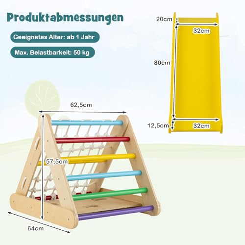 Foto von DREAMADE 4 IN 1 Kletterdreieck mit Rutsche und Kletternetz, Holzdreieck Kletterspielzeug aus Holz, Indoor Klettergerüst zum Rutschen und Klettern für Kinder ab 1 Jahr (Bunt)