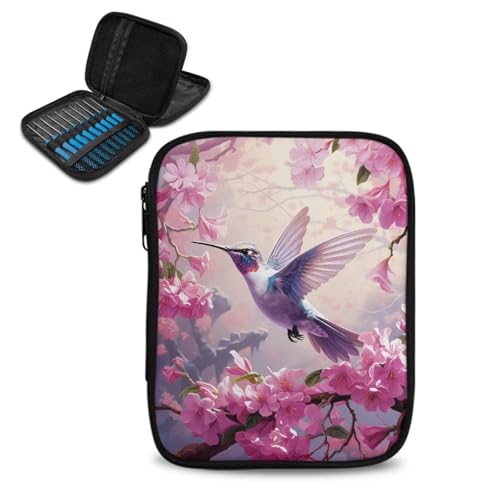 Image of Crochet Hook Case Pink Hummingbird Crochet Hook Holder Portable Crochet Hook Storage Bag with Web Pockets Suitable for Crochet Needles /Knitting Accessories