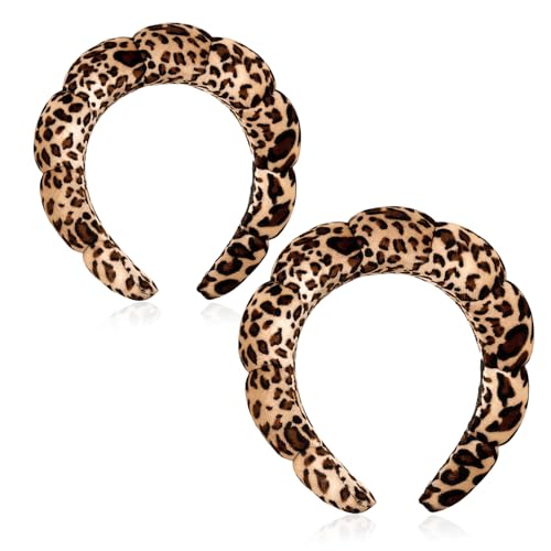 Image of YIERM 2 Pcs Leopard Spa Headband Sponge Makeup Hairband Puffy Makeup Skincare Headbands Soft for Face Washing & Skincare