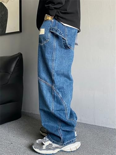Men’S Hip Hop Trendy Baggy Straight Denim Cargo Pants Slim Fit Button Fly Distressed Full Length Casual Wear Jeans4