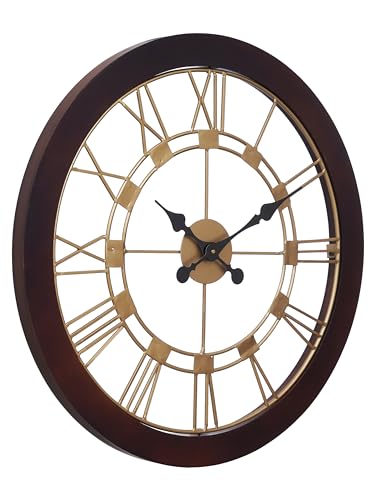 Image of CHRONIKLE Elegance Round Rosewood Wooden Wall Hanging Clock Analog Roman Numerals Golden Dial Iron for Home Office Decor Living Room Bedroom (Size: 59 x 4.5 x 59 CM | Weight: 3010 Gram)