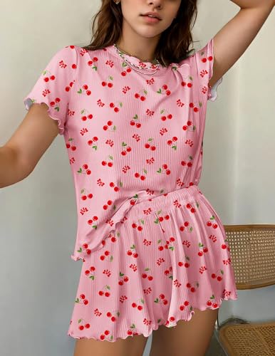 Image of Ekouaer Womens Pajamas 2 Piece Ribbed Knit Pjs Short Sleeve Sleepwear Set Summer Soft Pajamas Set Casual Lounge Sets