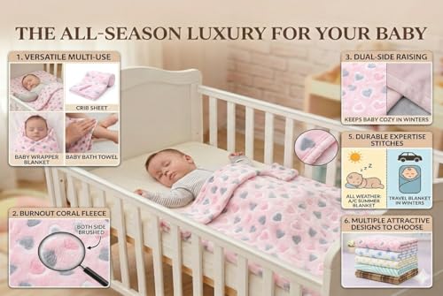 Image of First Kick Luxury Soft Baby Blanket Pack of 100 x 75 cm Premium Fleece Newborn Swaddle Wrap | Baby Bath Towel All Season Blanket for 0-12 Months Crib Stroller Travel Use