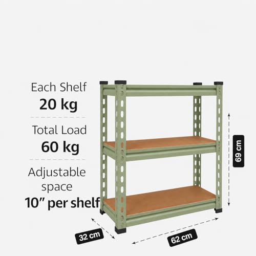 Image of BonKaso Adjustable 3-Shelf Metal Storage Shelving Unit, Steel Bootless Rivet Utility Display Rack Garage Shelves,27 Inches Height(27 X 24 X 12 Inc) Olive Green