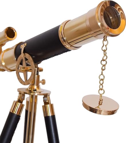 Nautical High Magnification Telescope Vintage Double Barrel Brass Telescope Wooden Adjustable Floor Standing Tripod Chrome Finish