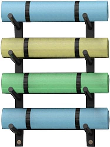 8-Tier Wall Mount Storage Rack for Yoga Mats & Foam Rollers - Black Shelf Organizer for Pilates Gear, Resistance Bands, Holds Up to 6" Diameter Items