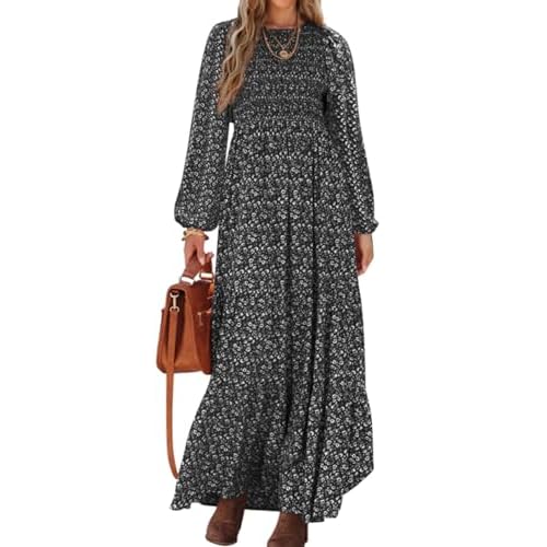 PRETTYGARDEN Women’s Fall Dresses 2025 Long Sleeve Flowy Casual Floral Maxi Dress Crew Neck Smocked Tiered Long Dress
