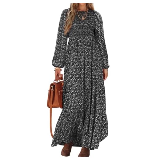 PRETTYGARDEN Women's Fall Dresses 2025 Long Sleeve Flowy Casual Floral Maxi Dress Crew Neck Smocked Tiered Long Dress (Black, Large)