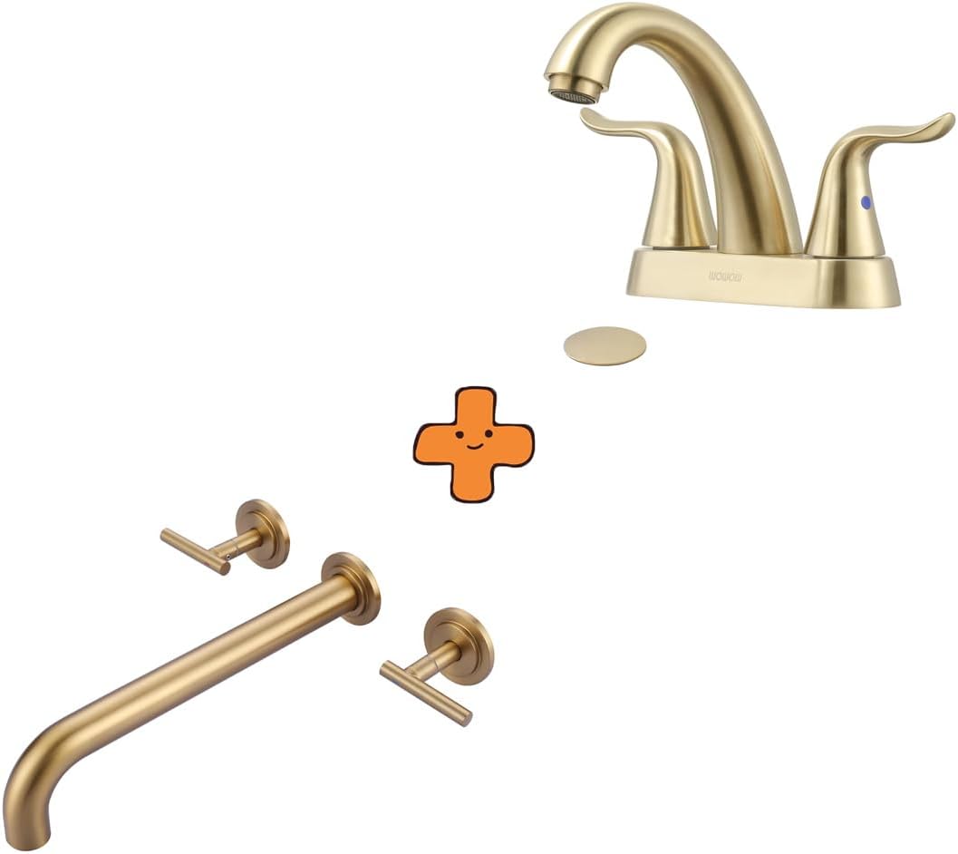 WOWOW Wall Mount Tub Filler Gold Tub Faucet High Flow Two Handles Solid Brass, Long Spout Reach and 4 Inch Bathroom Faucet Brushed Gold Bathroom Sink Faucet Centerset Vanity Faucet