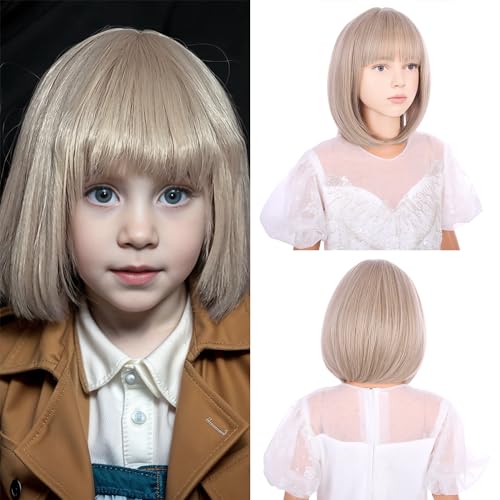 Kids Blonde Wig with Bangs Ash Blonde Child Wig Girls Short Bob Wig Strawberry Blonde Bob Wig for Kids Synthetic Wigs with Wig Cap