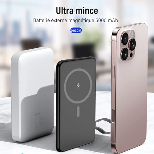 Batterie Externe Magnétique sans Fil 5000mAh Ultra-Mince for Mag-Safe sans Fil Charge, avec USB C 20W Filaire Charge Rapide Câble Détachable, Power Bank pour iPhone 16 15/14 13 12 Mini/Plus/Pro/Max – Image 5