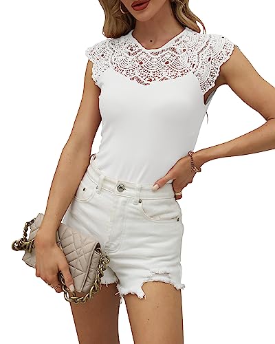 Hount Damen Oberteile Spitzenkragen Sommer Tops Rundhals Ärmellose Shirt Eng