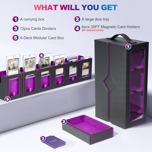 Image of UAONO MTG Commander Deck Box, 6-Deck Modular TCG Deck Case with Dice Tray | Hold 600+ Double-sleeved Cards, Modular Card Deck Box with 35PT Magnetic Card Holder for Magic the Gathering Black Purple