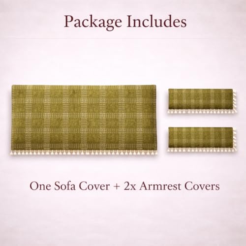Image of STITCHNEST 'Artisoul Series' Chenille Sofa Cover 3 Seater with 2 Hand Rest Covers | Premium Heavy Fabric, Washable & Fade Resistant | Green Sofa Protector with Tassels | Size 70x30 Inch