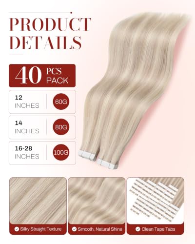 Image of Moresoo Human Hair Tape in Extensions Ash Blonde 16in 40Pcs 100g | Human hair extensions tape in, added density, fine platinum ribbons, medium length for brushed-out waves and events
