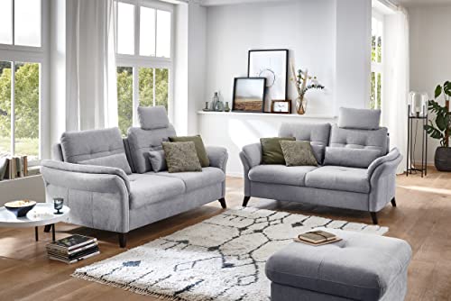 CAVADORE 3er Sofa Grönland / Skandinavische 3-Sitzer-Couch mit Federkern, Sitztiefenverstellung + Kopfstütze / 193 x 90 x 102 / Flachgewebe, Grau – Bild 3