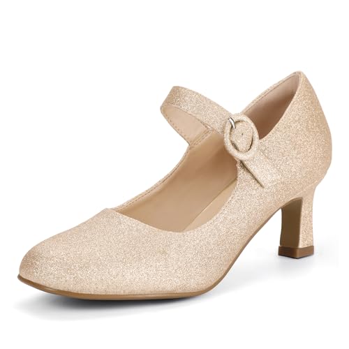 IDIFU IN3 Mary Jane Shoes Women's Closed Round Toe Low Short Small Heels Dressy Heeled Dress Shoes for Women Bride Ladies Wedding Work Comfortable Trendy Pumps with Round Buckle