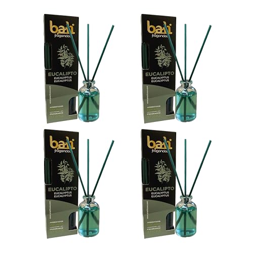 Pack de 4 Bali fragancias Ambientador Mikado EUCALIPTO Difusor con varillas de ratán para tu salón, comedor o cualquier estancia de tu hogar, fragancias seleccionadas, Aromaterapia, Perfumado (30 ml)