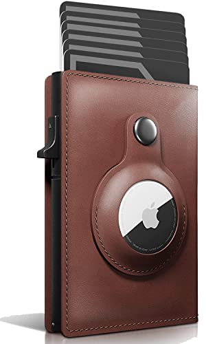 AirTag Wallet with Durable One-Press Quick-Access Card Holders, Leather RFID Technology Credit Card Holder Minimalist Wallet for Men for Apple AirTag (No Airtag Included)-Brown
