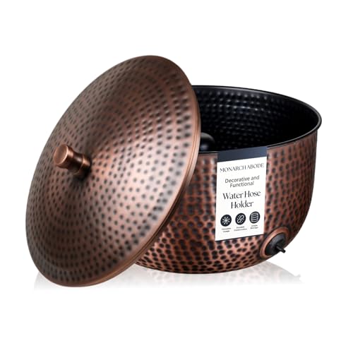 Monarch Abode Garden Hose Holder with Lid Decorative Water Hose Holders for Outside Hand Hammered Metal Antique Copper Pot with Drainage 100ft Waterhose Holder for Outside Garden Storage Caddy