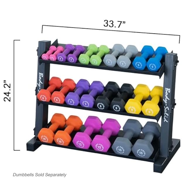 Body-Solid (GDR34B) 3-Tier Dumbbell Rack Storage for 12 Pairs Neoprene/Vinyl Dumbbells 1-15 lbs, Dumbell Weight Rack Stand Only, Commercial and Home Gym Strength Training Organizer