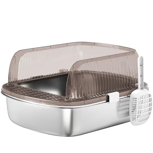 PawHut Arenero para Gatos Cubierto Extragrande Caja de Arena Cerrado con Bandeja de Acero Inoxidable Bordes Altos Pala y Zona para Caída de Arena sin Olor Fácil Limpieza Gris