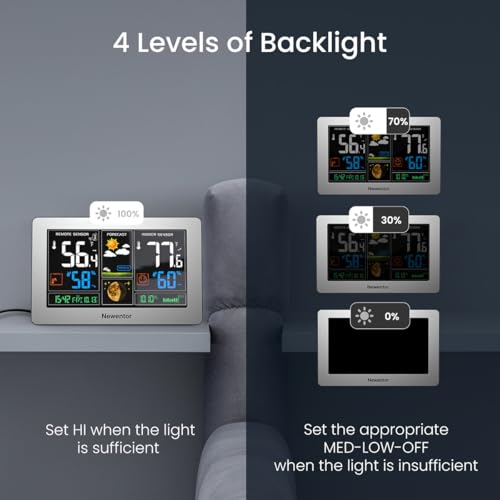 Newentor Weather Station Wireless Indoor Outdoor Thermometer, Color Display Digital Weather Thermometer with Atomic Clock, Barometric Pressure, Forecast Station with Adjustable Backlight, Sliver